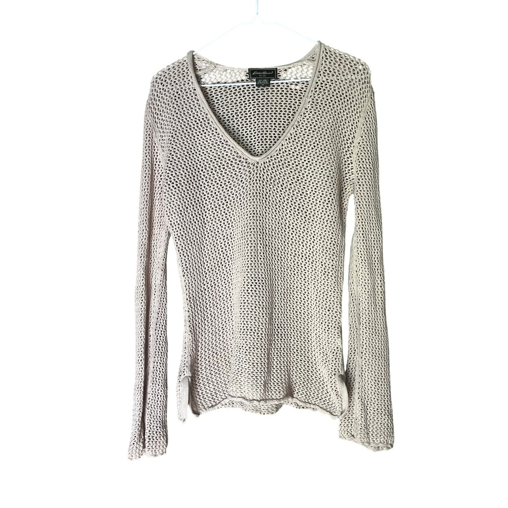 Eddie Bauer Womens Beige Linen Blend Open Knit V-Neck Sweater Mesh Pullover M